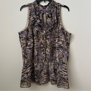Beverly Drive Sleeveless Animal Print Blouse Tie Front Buttons Purple Tan 16-18W